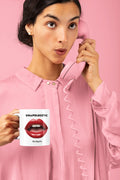 Unapologetic No Regrets Mug — woman holding white mug with red lips design