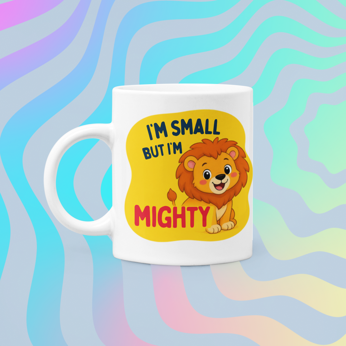 Small But Mighty Mug - product shot on abstract illustrated background