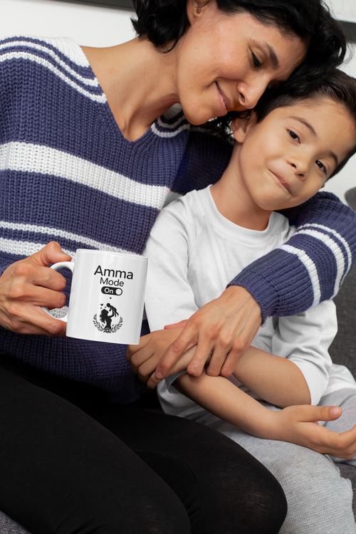 Amma Mode On - White mug held by mom hugging her son