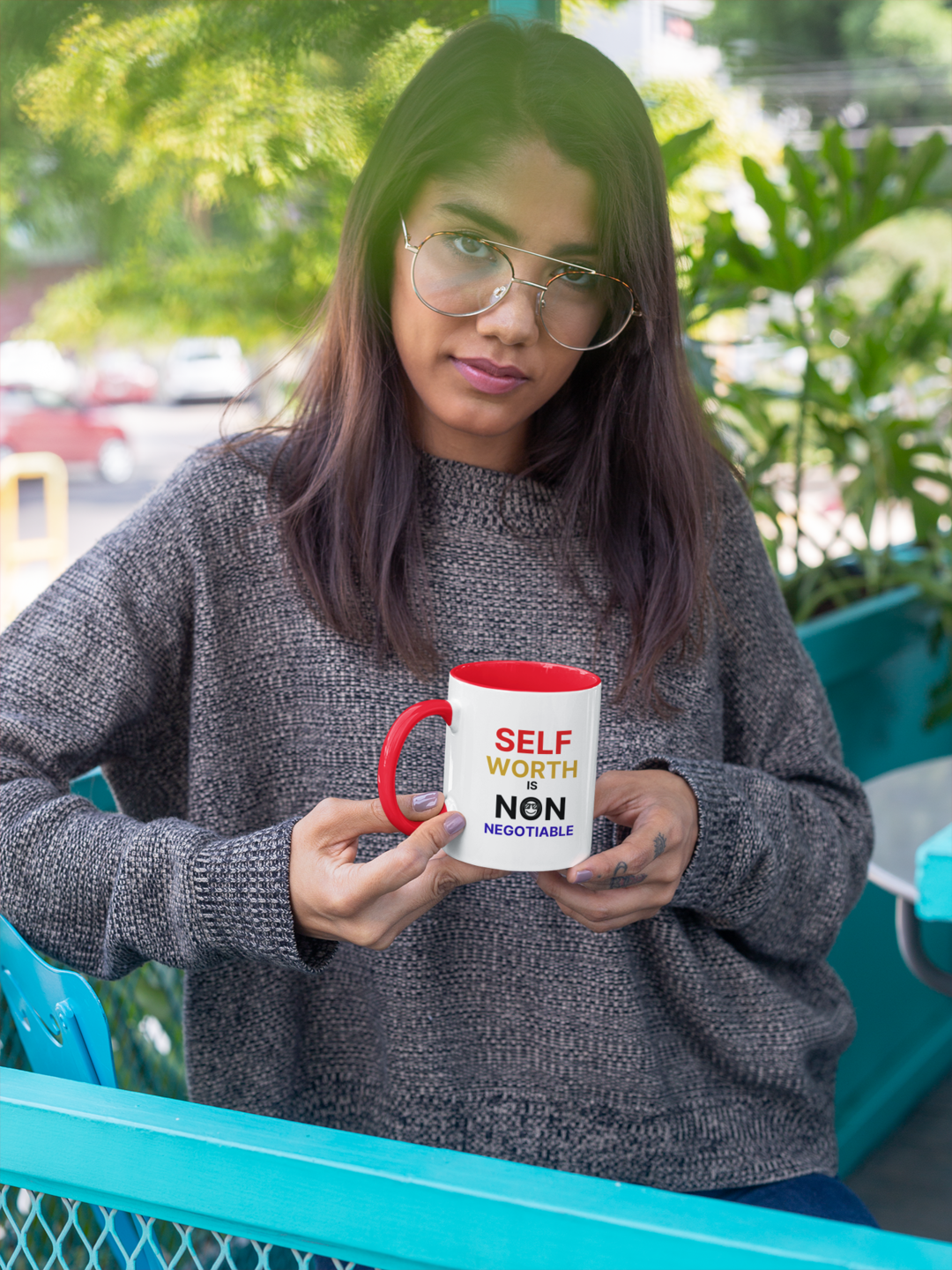 Self Worth is Non Negotiable - Red handle mug held by woman
