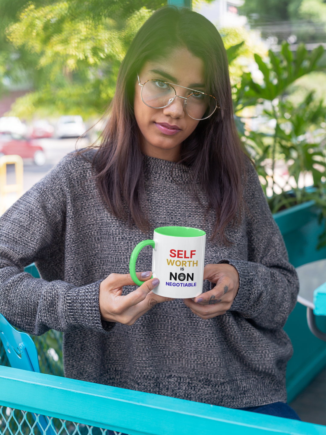 Self Worth is Non Negotiable - Green handle mug held by woman