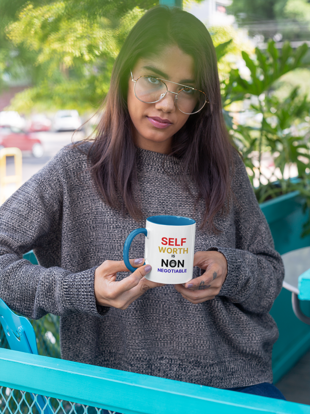 Self Worth is Non Negotiable - Blue handle mug held by woman