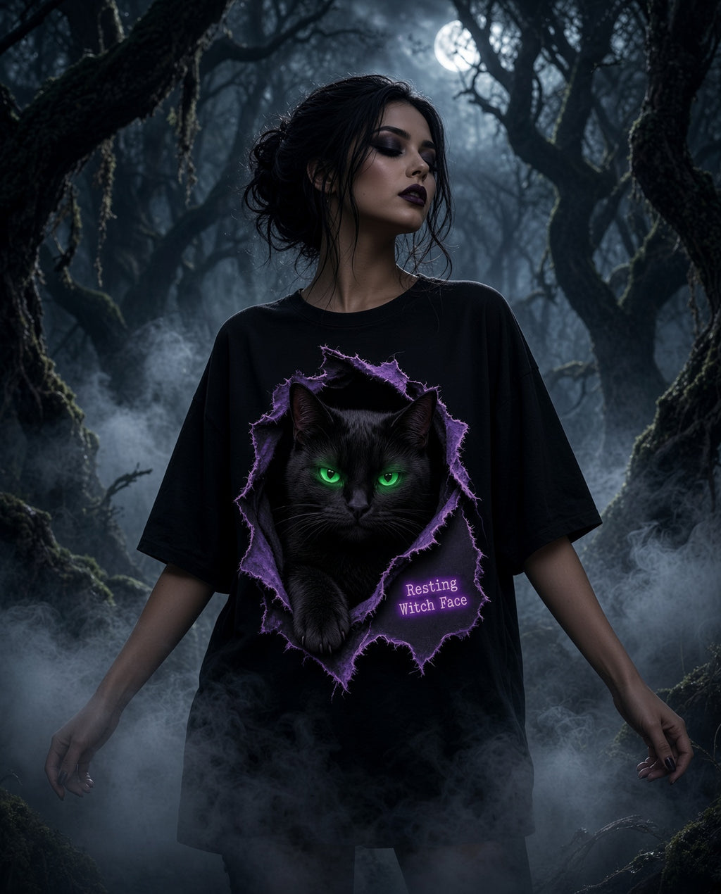Resting Witch Face Halloween T-Shirt - woman in woods
