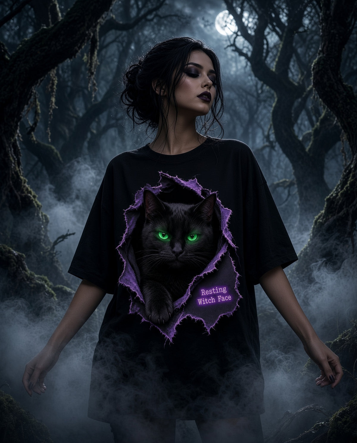 Resting Witch Face Halloween T-Shirt - woman in woods
