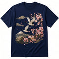 Blossom & Crane Embroidery T-Shirt – Navy Blue