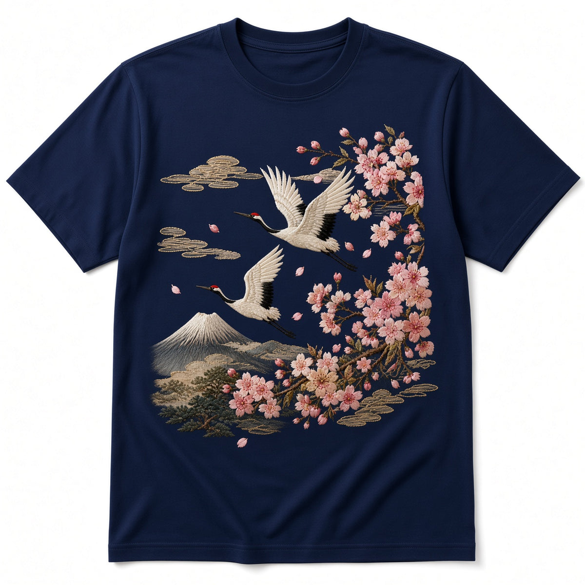 Blossom & Crane Embroidery T-Shirt – Navy Blue