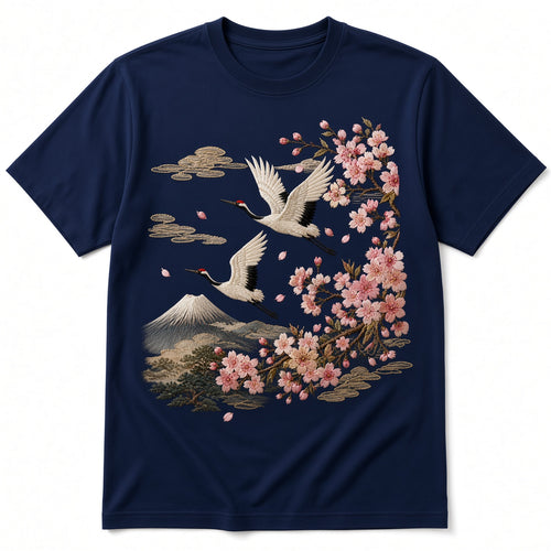 Blossom & Crane Embroidery T-Shirt – Navy Blue