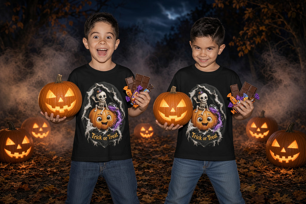 Trick or Treat Kids Halloween T-Shirt - two boys with pumpkins