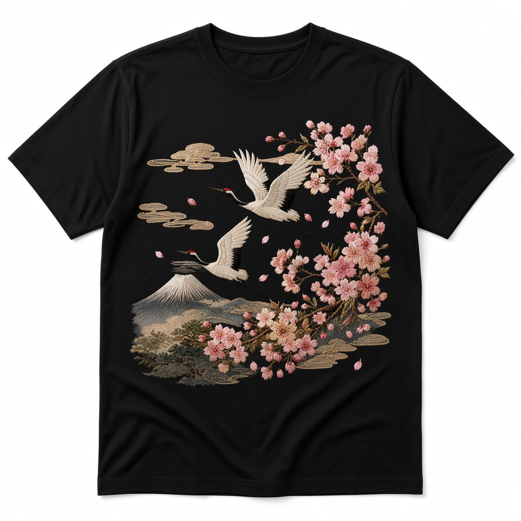 Blossom & Crane Embroidery T-Shirt – Black
