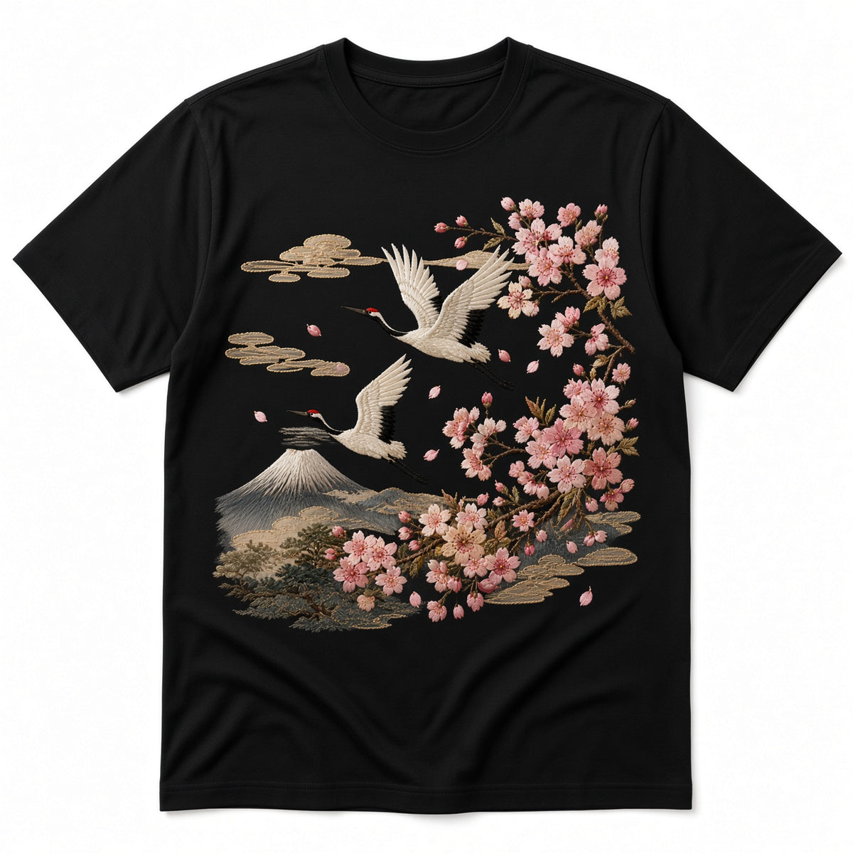 Blossom & Crane Embroidery T-Shirt – Black