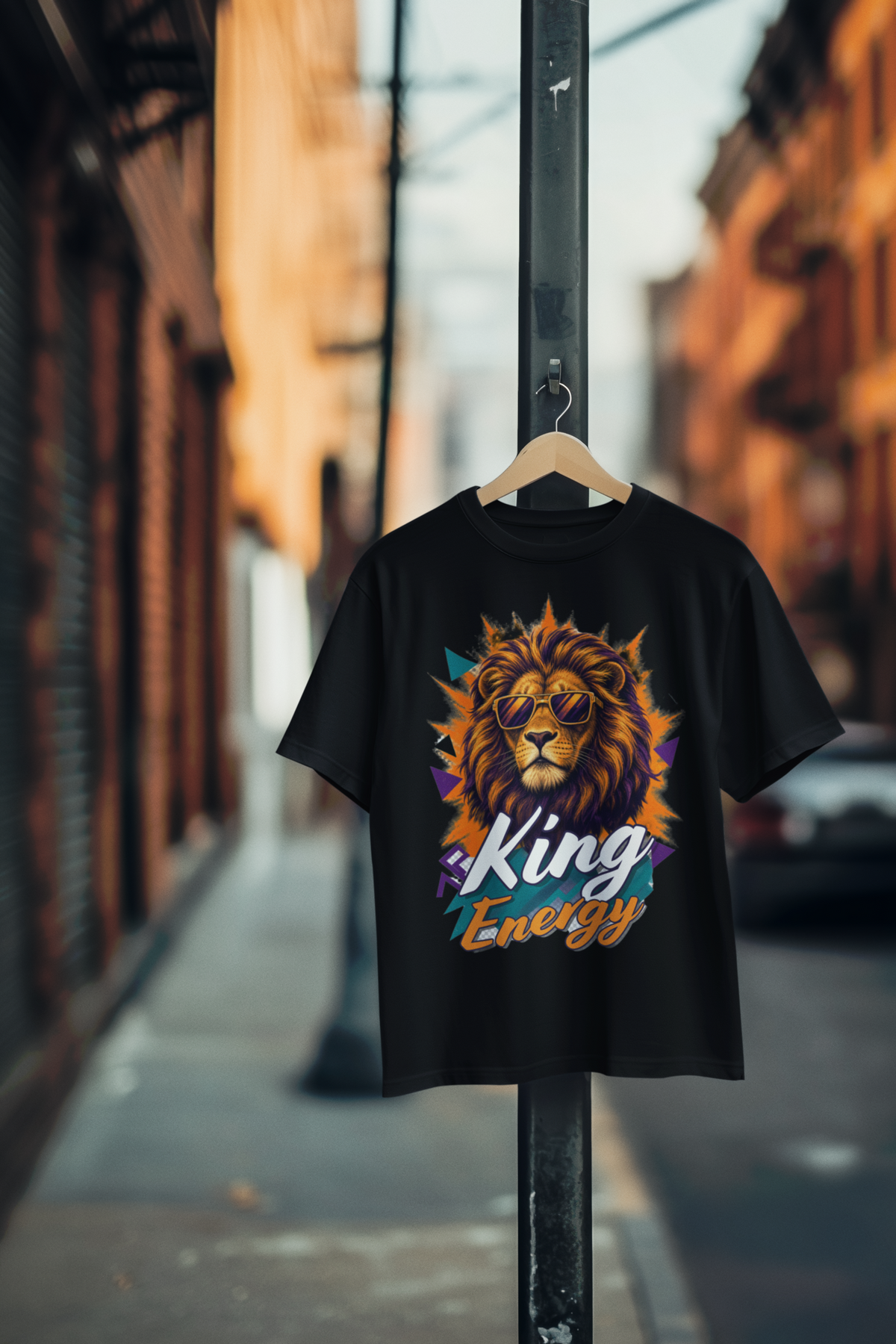 King Energy tee - black, street hanger mockup
