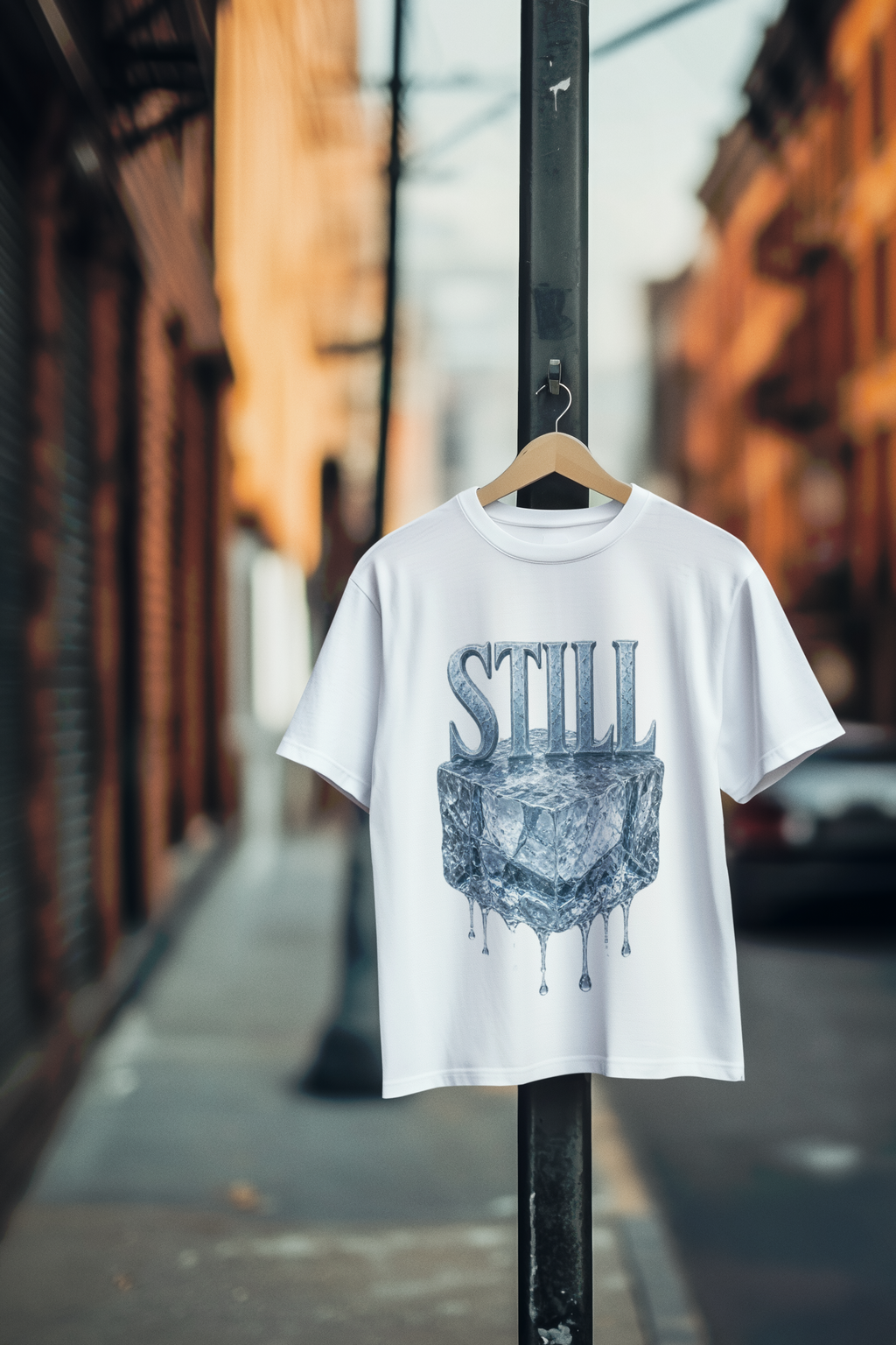 Still ice drip white graphic tee hanging on street pole