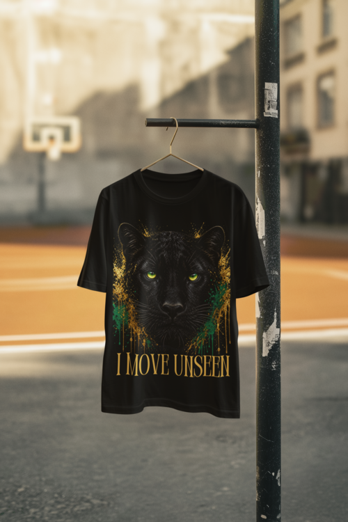I Move Unseen - Black tee on hanger basketball court