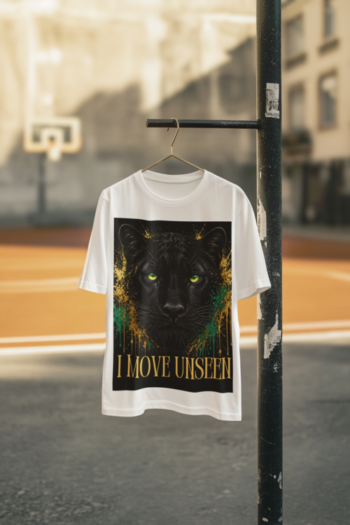I Move Unseen - White tee on hanger basketball court