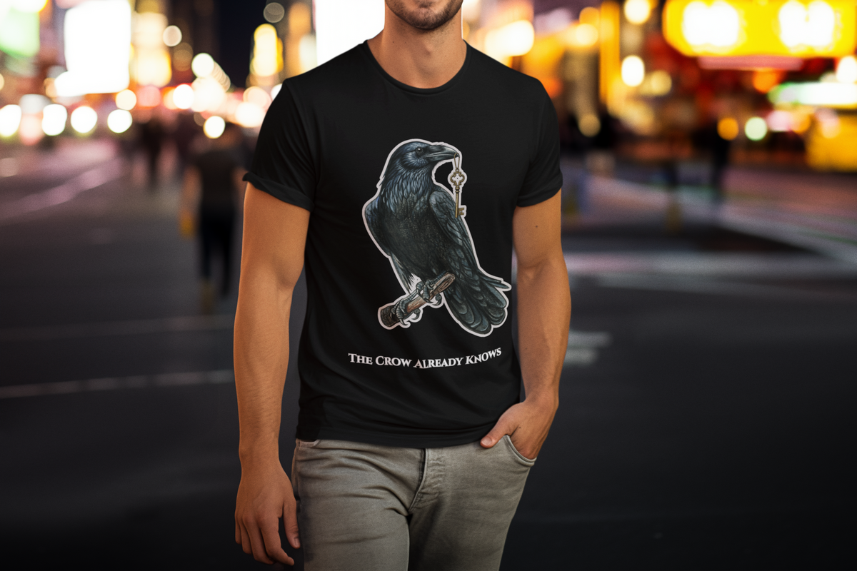 The Crow Already Knows graphic tee worn on street at night