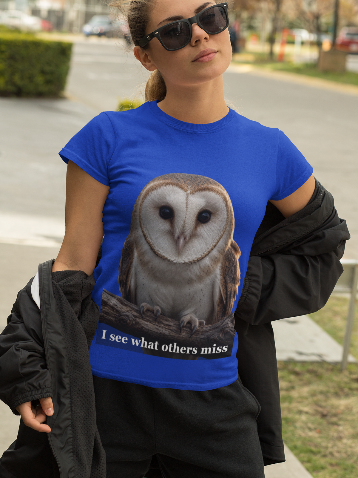 I See What Others Miss - Blue tee woman with sunglasses