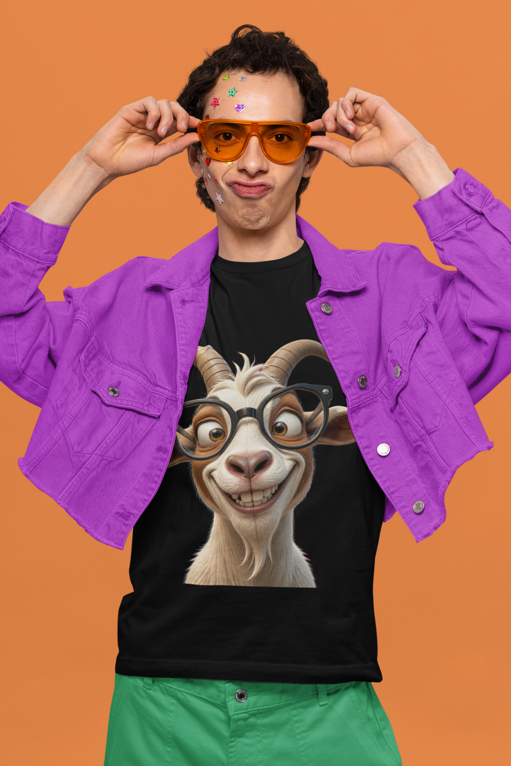 Nerdy GOAT Tee Red - man with sunglasses and star stickers