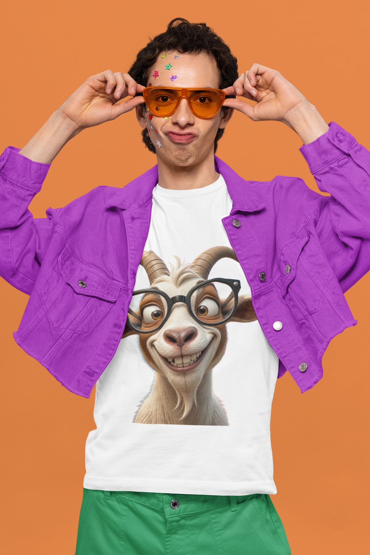 Nerdy GOAT Tee White - man with sunglasses and star stickers