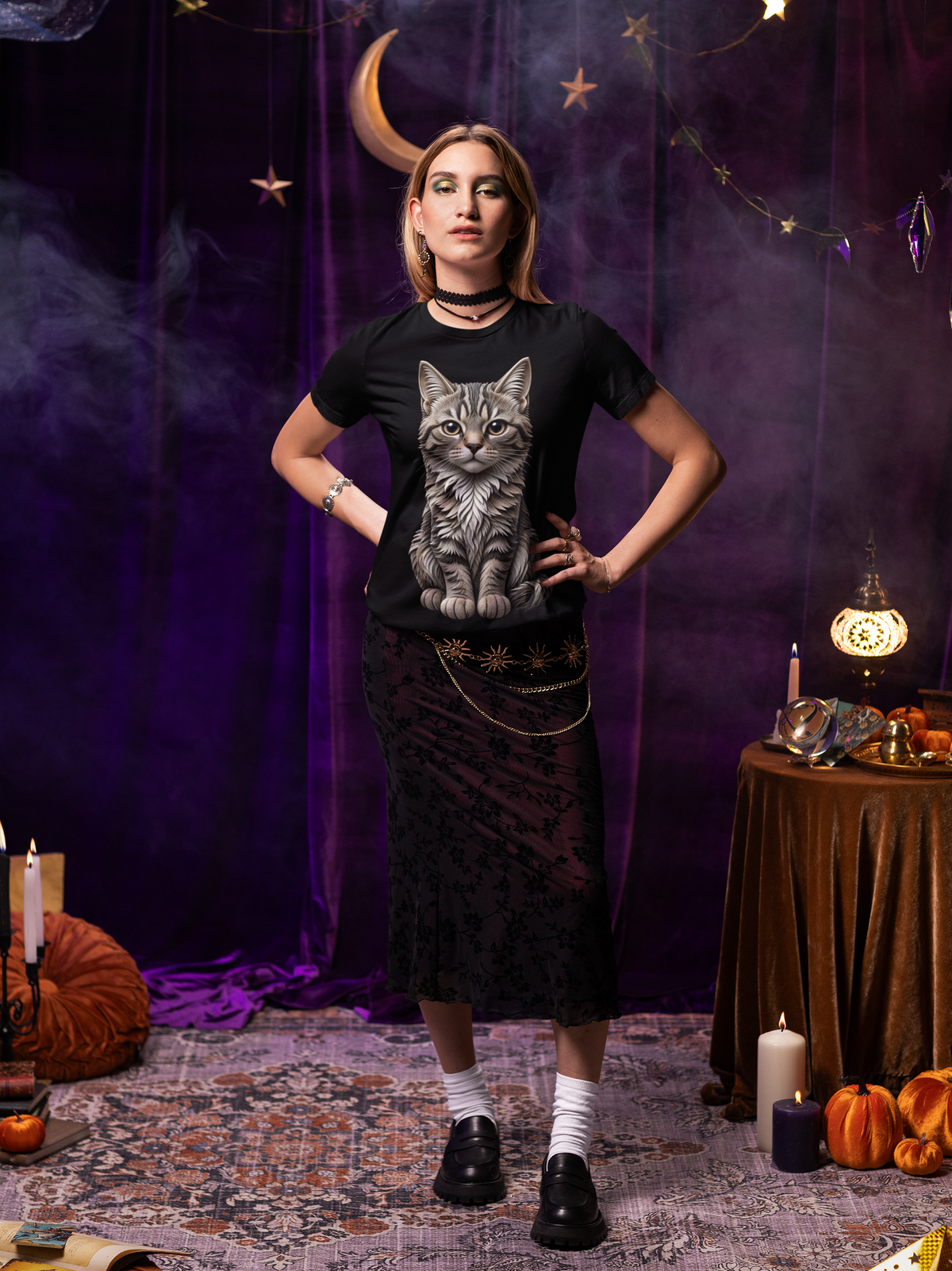 Mystical Cat Vibes tee - model shot
