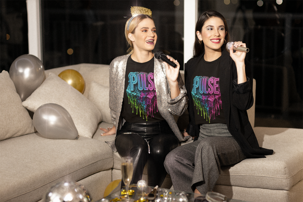 Pulse neon drip black women's graphic tee two women singing at NYE party