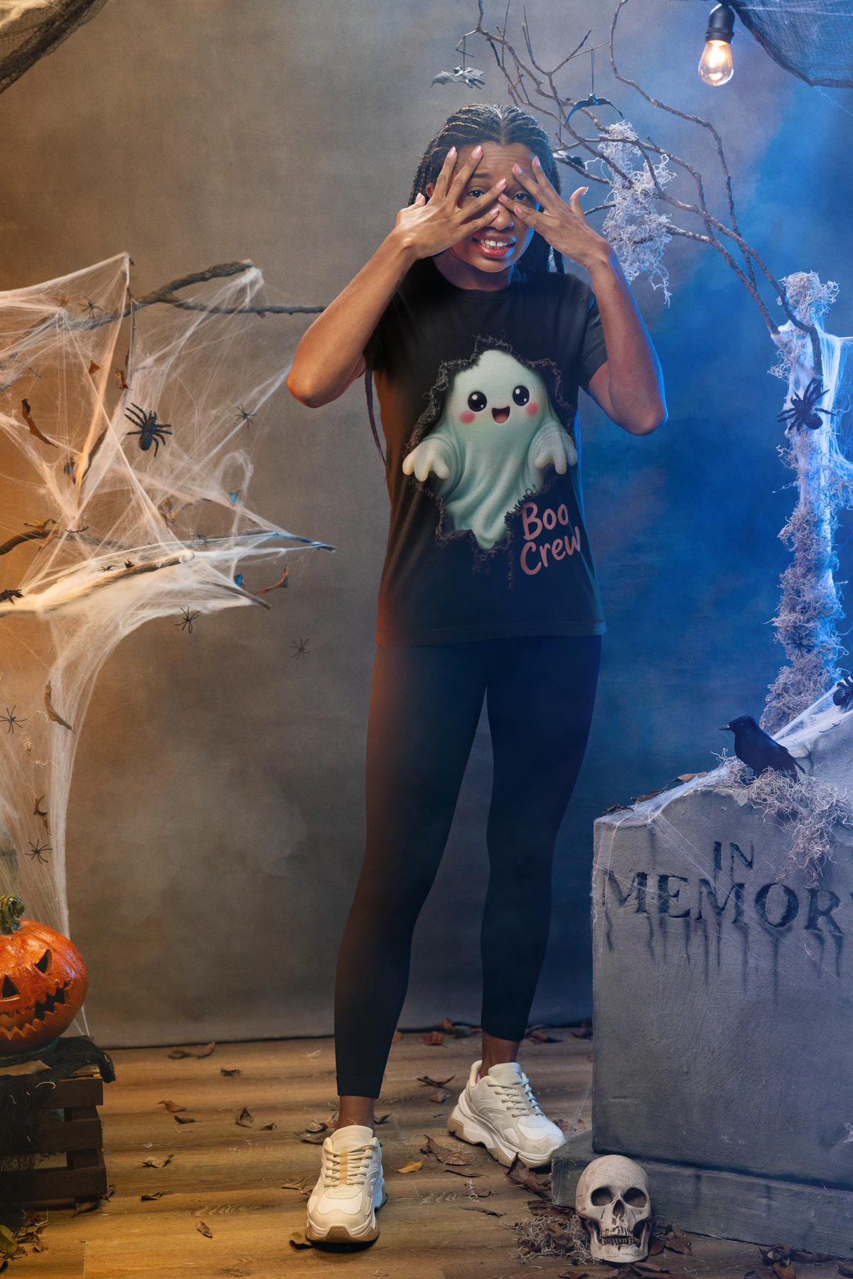 Boo Crew Kids Halloween T-Shirt - woman in Halloween setting