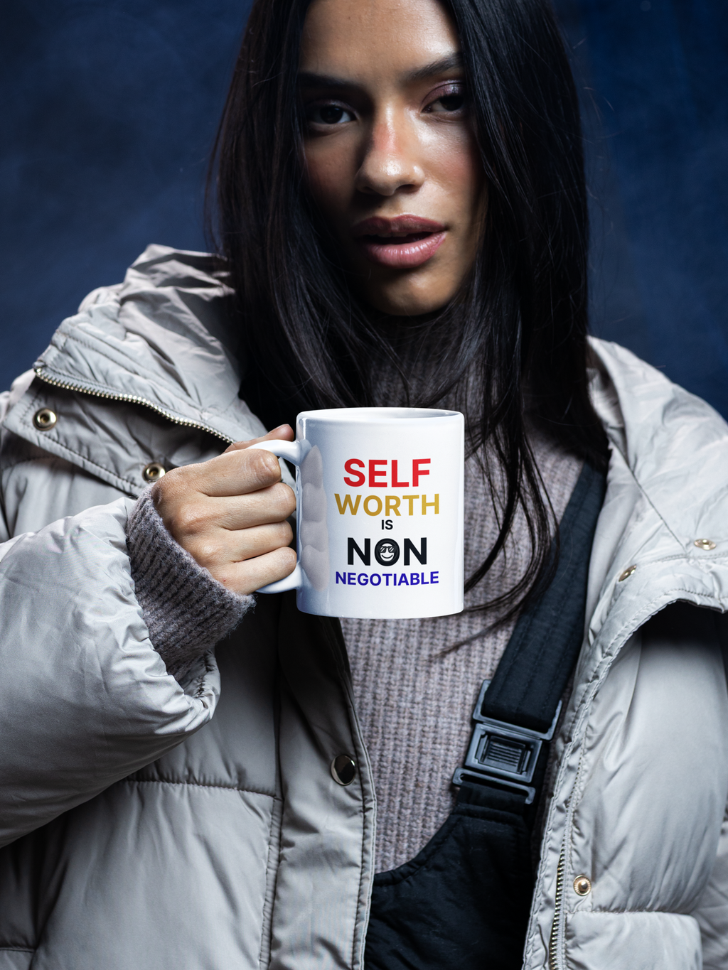 Self Worth is Non Negotiable - White mug held by woman in winter setting