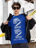 Man wearing a black Prompt. Generate. Cut. Repeat. graphic T-shirt.