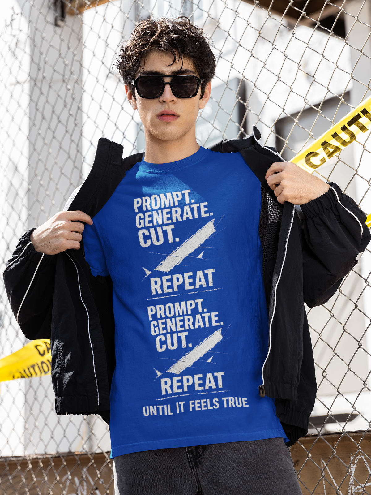 Man wearing a black Prompt. Generate. Cut. Repeat. graphic T-shirt.