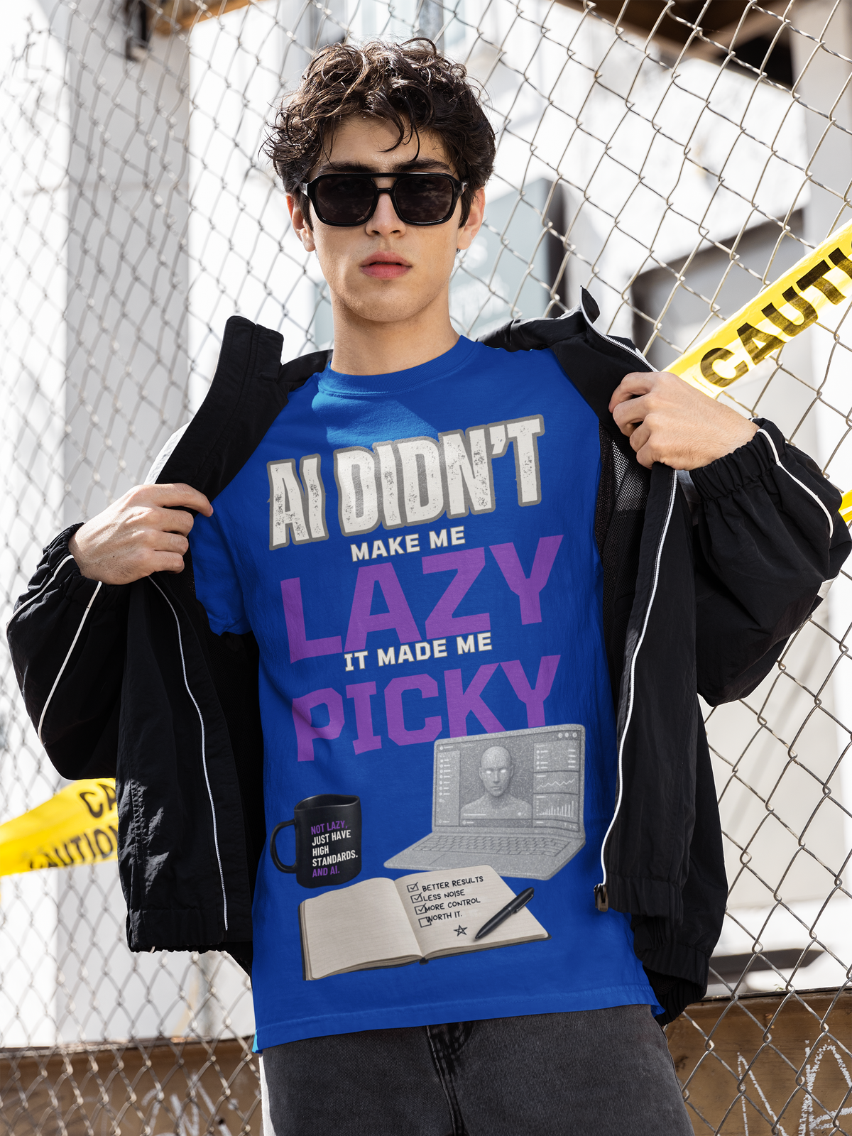 Man wearing the black AI Didn't Make Me Lazy, It Made Me Picky graphic T-shirt.