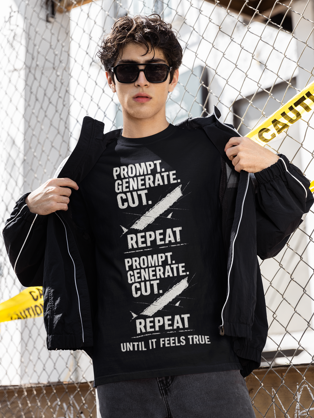 Man in sunglasses wearing the black Prompt. Generate. Cut. Repeat. men's T-shirt.