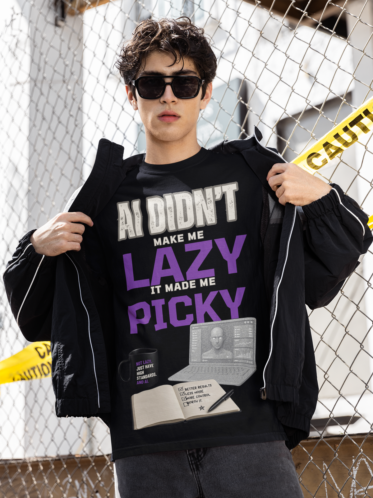 Man wearing the blue AI Didn't Make Me Lazy, It Made Me Picky graphic T-shirt.