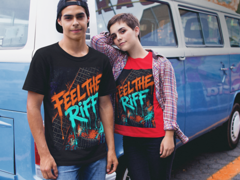 Feel The Riff - Couple wearing Black and Red tees by blue van