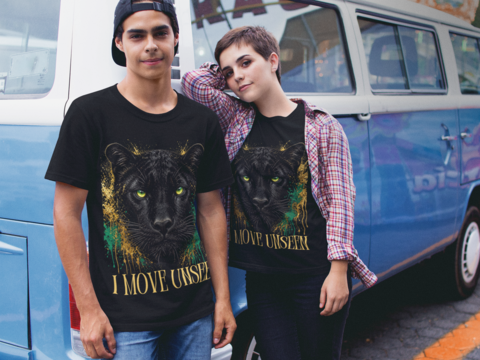I Move Unseen - Couple wearing black tees by blue van