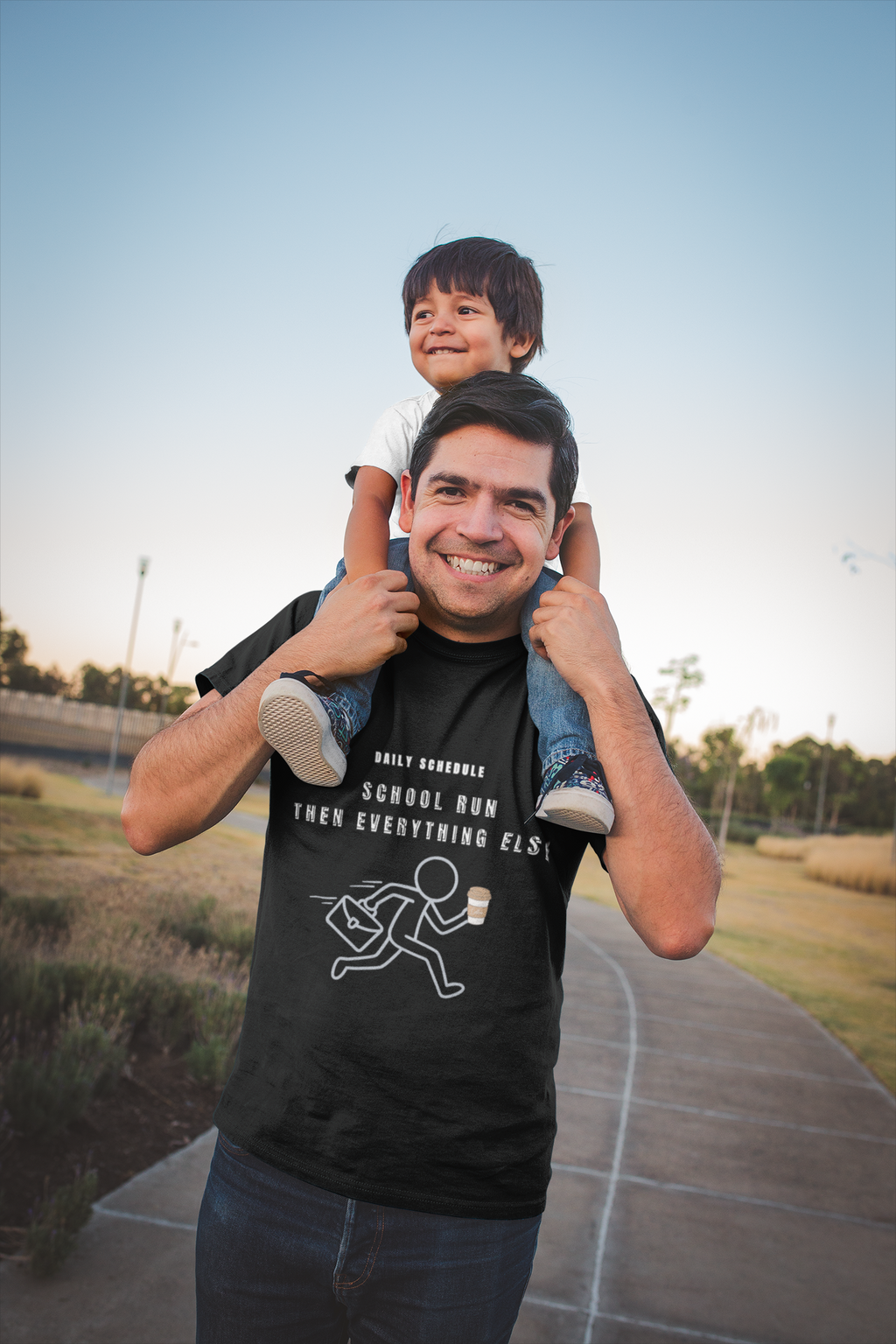 School Run Then Everything Else black tee dad with son on shoulders forest
