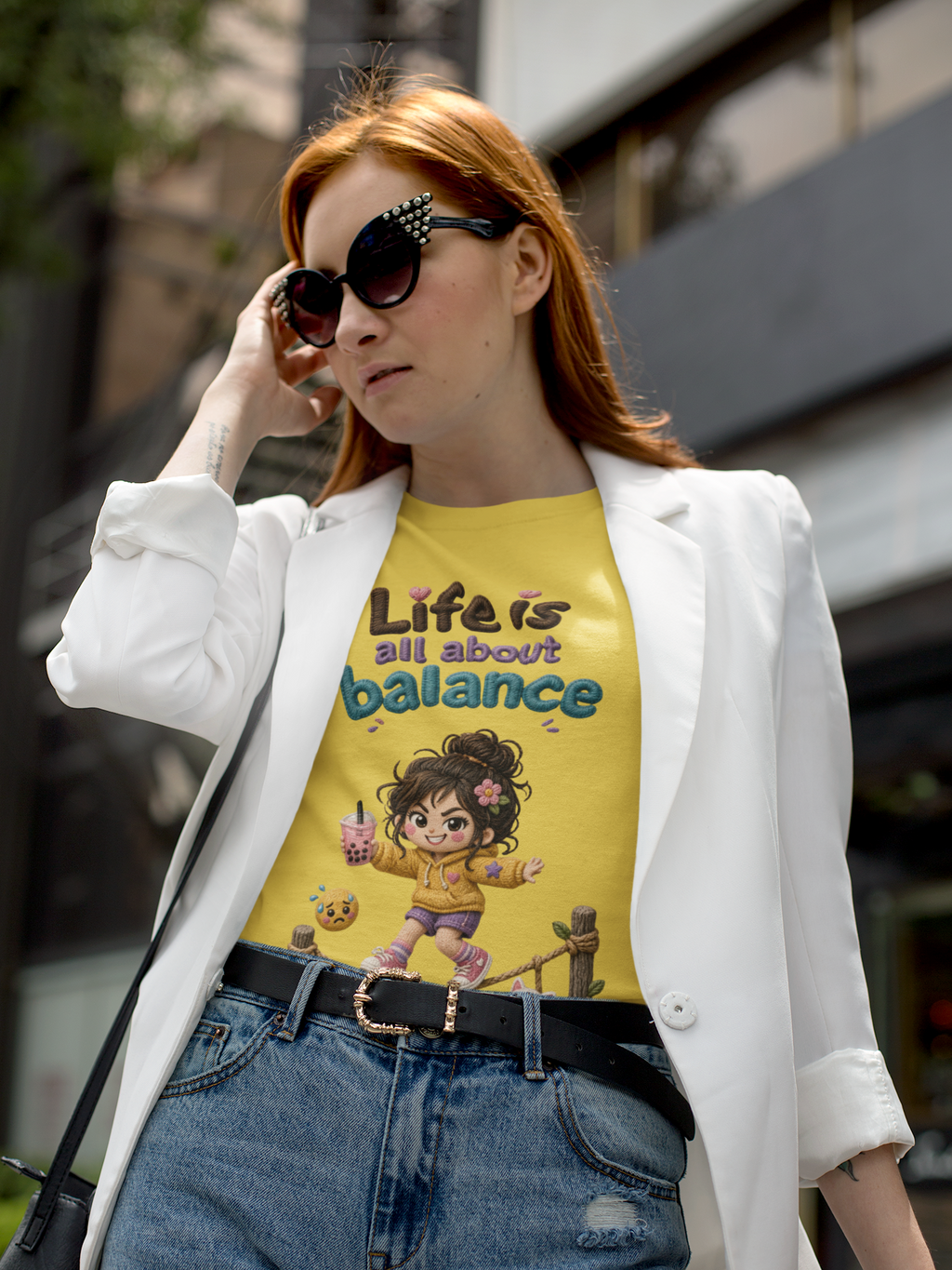 Life Is All About Balance Tee Yellow - fashioned girl walking in daylight