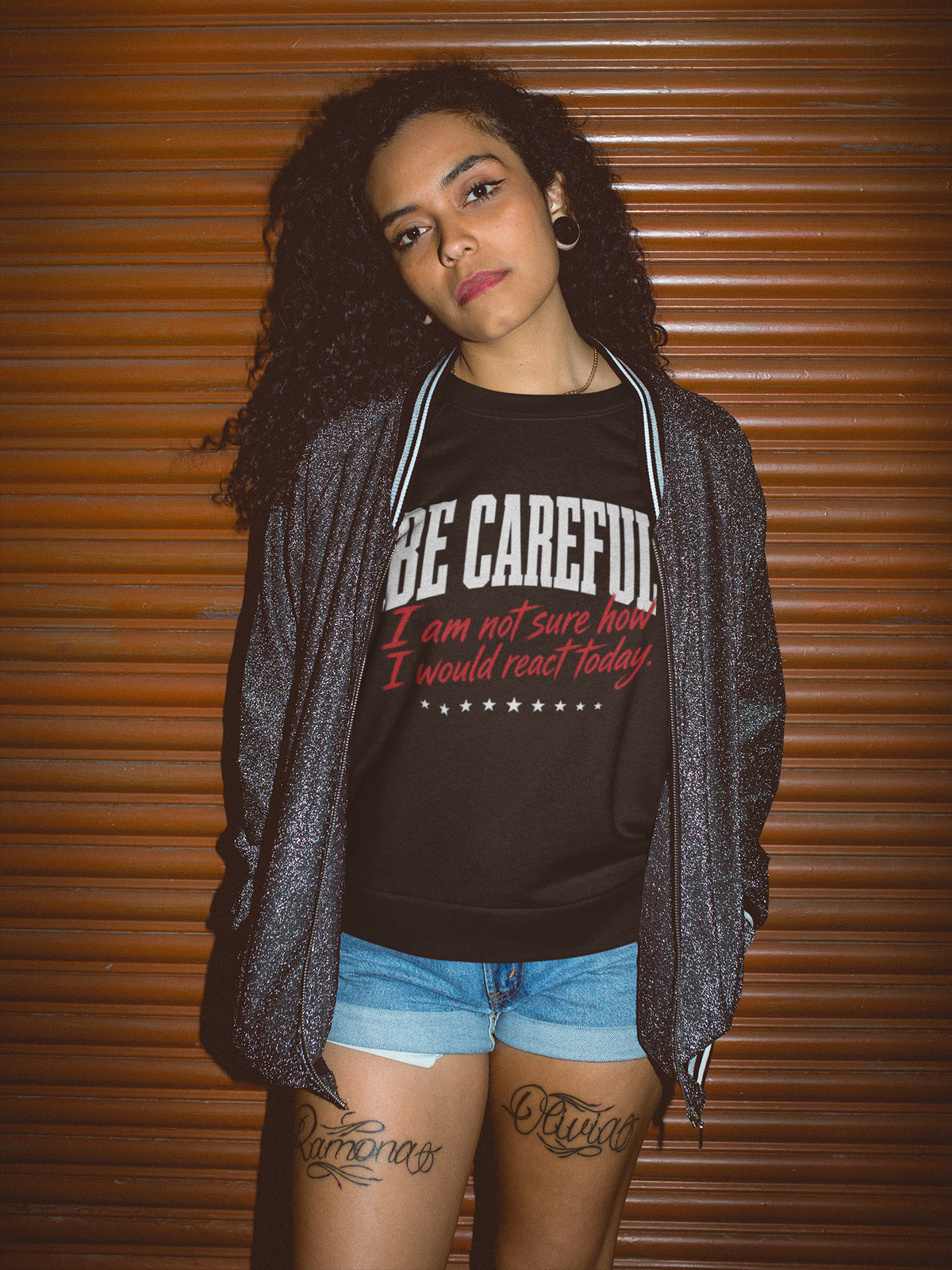 Be Careful black tee worn by model