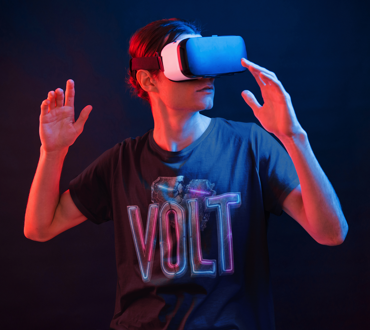 Volt neon gaming black graphic tee man using VR headset neon lighting