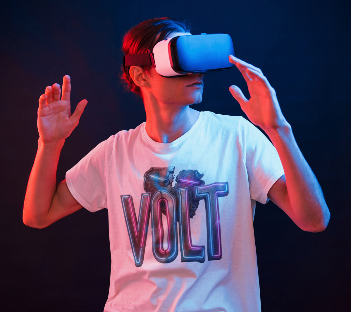 Volt neon gaming white graphic tee man using VR headset neon lighting