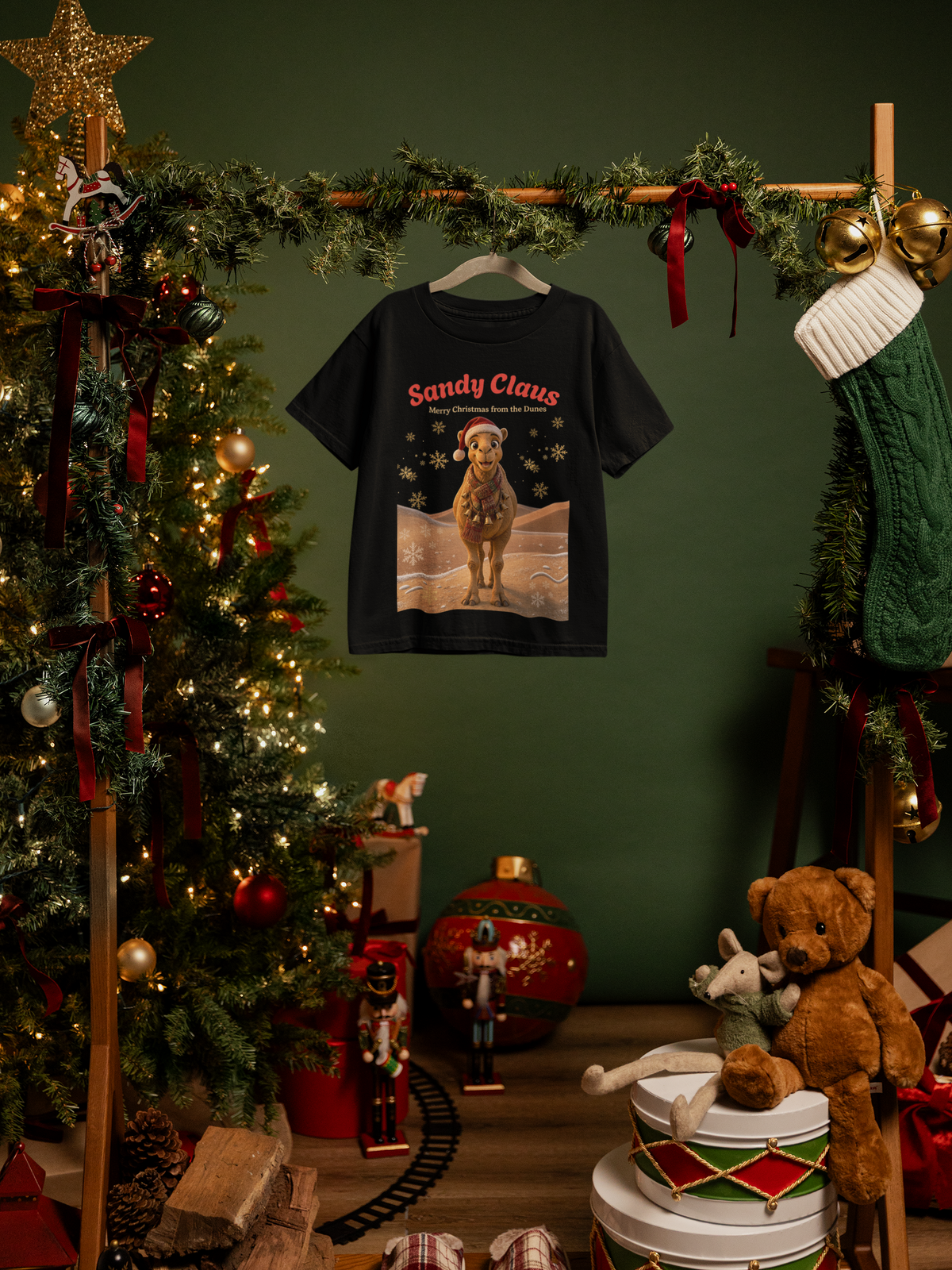 Sandy Claus Kids Christmas T-Shirt - hanging mockup