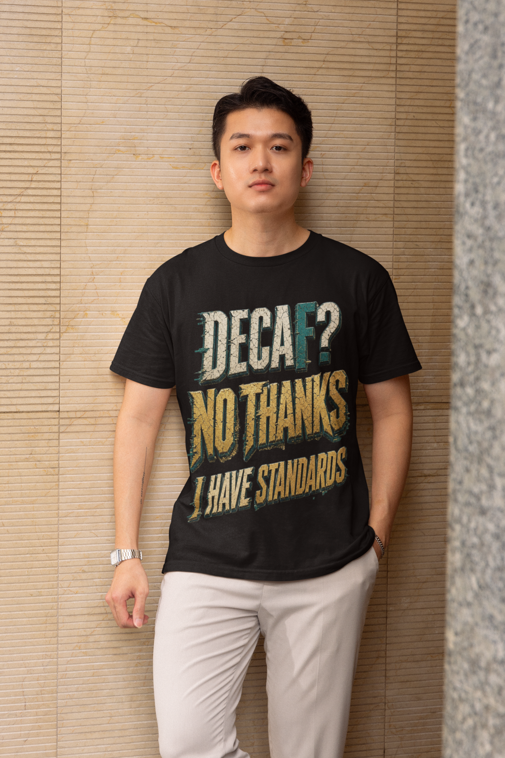Decaf No Thanks tee - Black, male model against wall