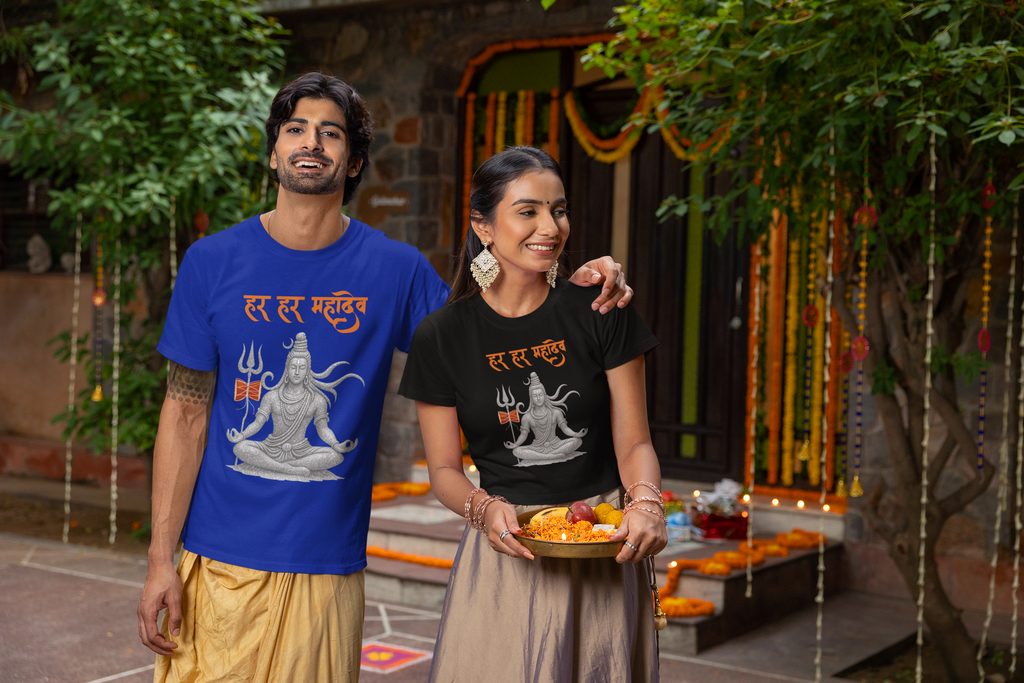 Har Har Mahadev Tee - couple at temple Blue/Black