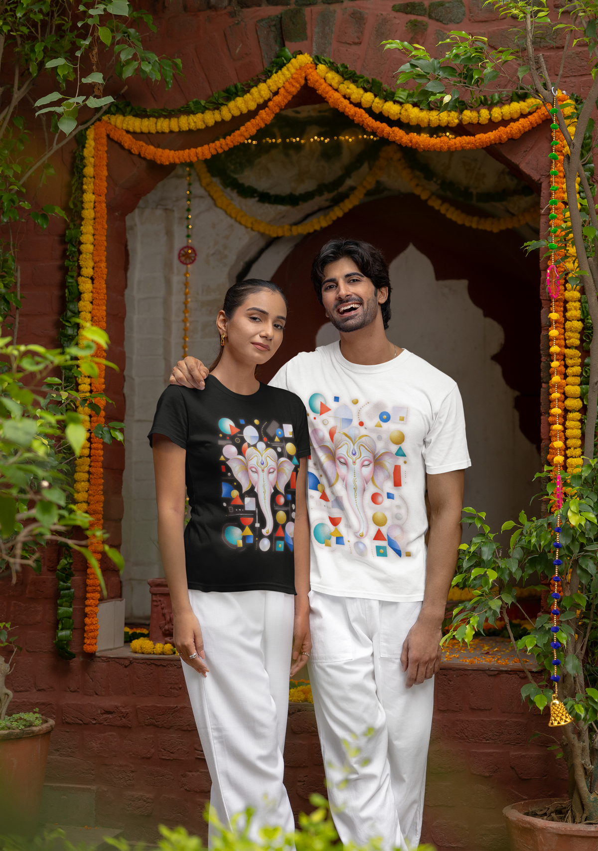 Two models wearing Black and White Geometric Ganesha graphic tees