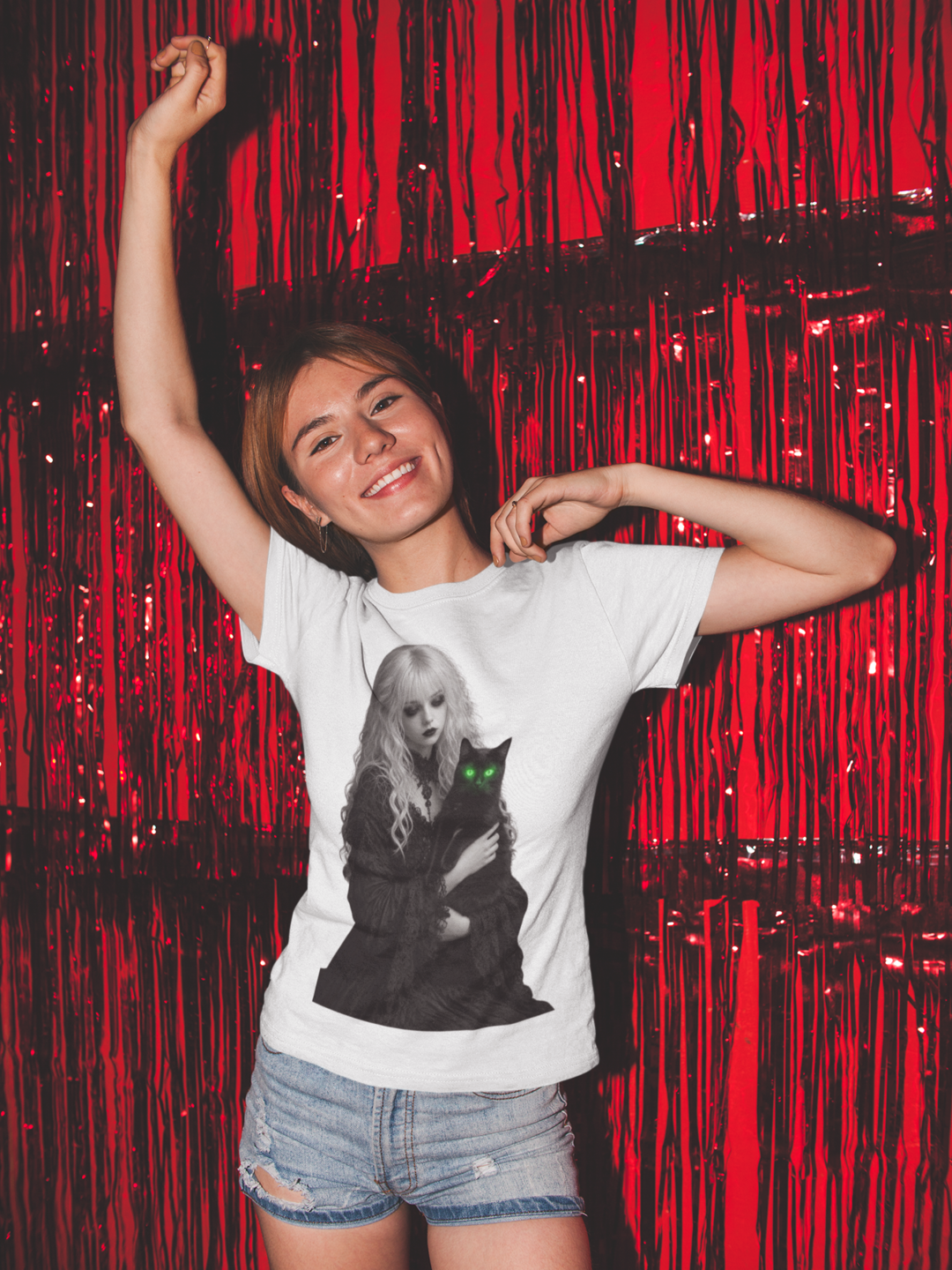 Midnight Familiar Tee White - girl dancing against red curtain