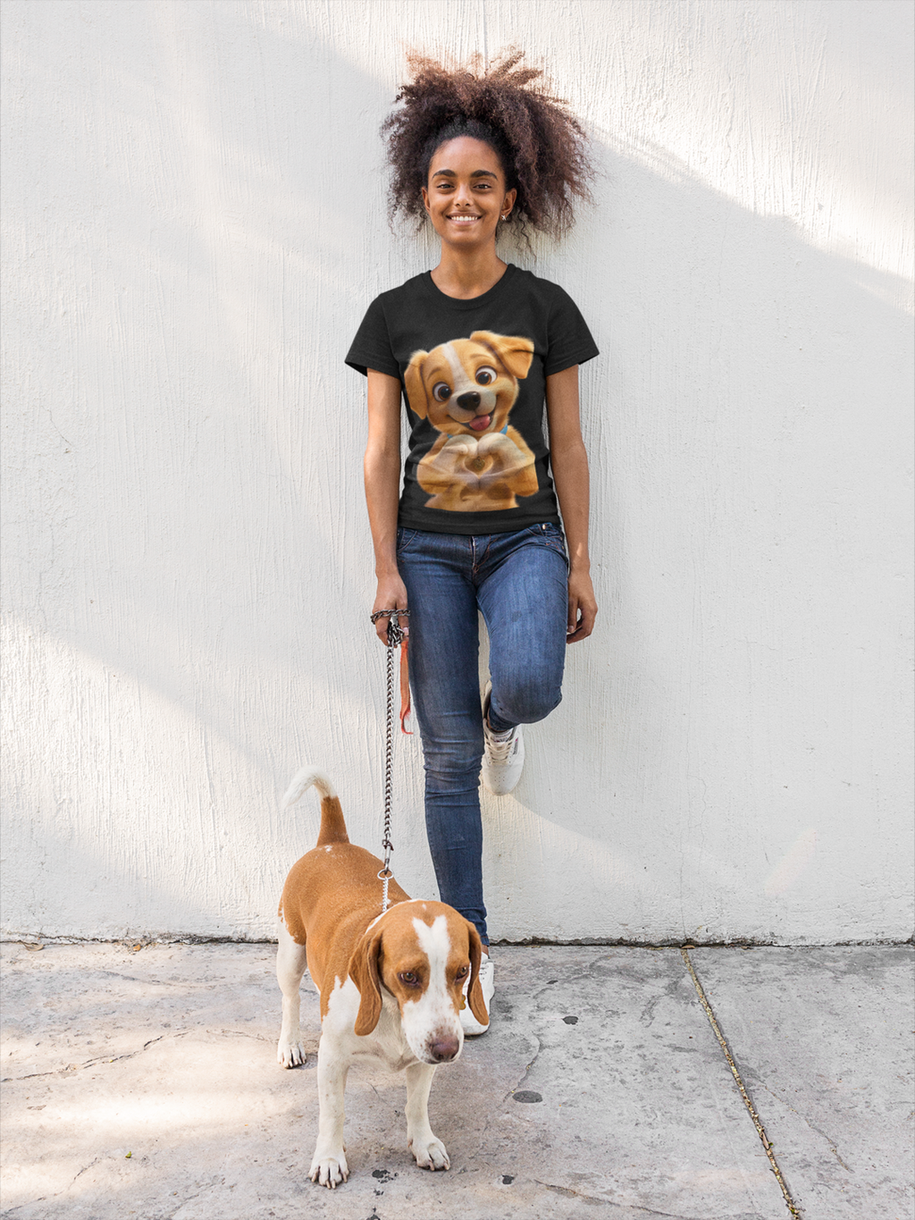 Puppy Love Tee Black - girl with curly hair walking her dog