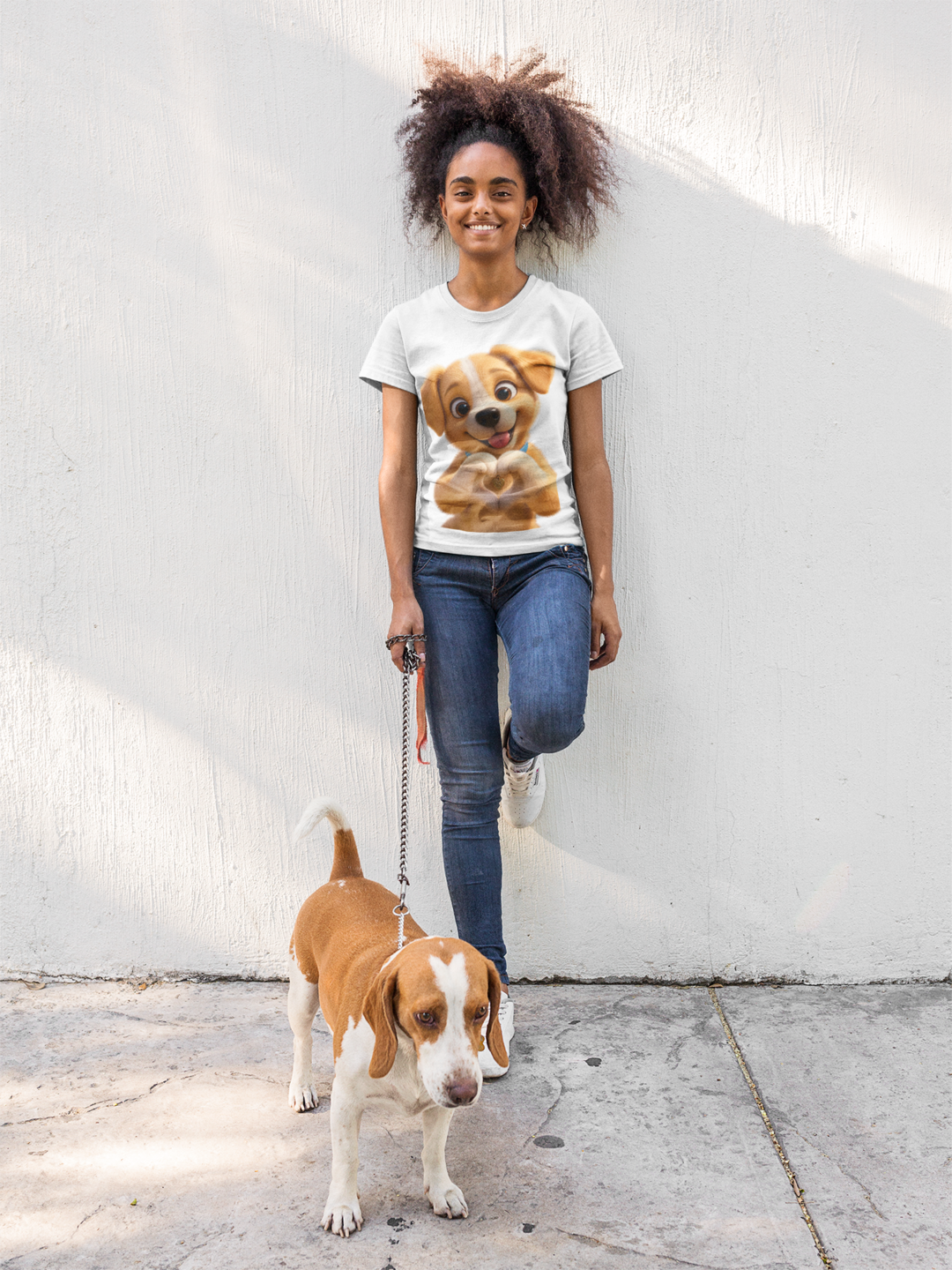 Puppy Love Tee White - girl with curly hair walking her dog