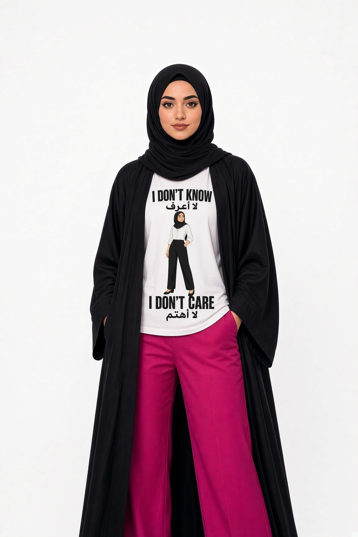 I Don't Know I Don't Care Tee - White, woman wearing with abaya
