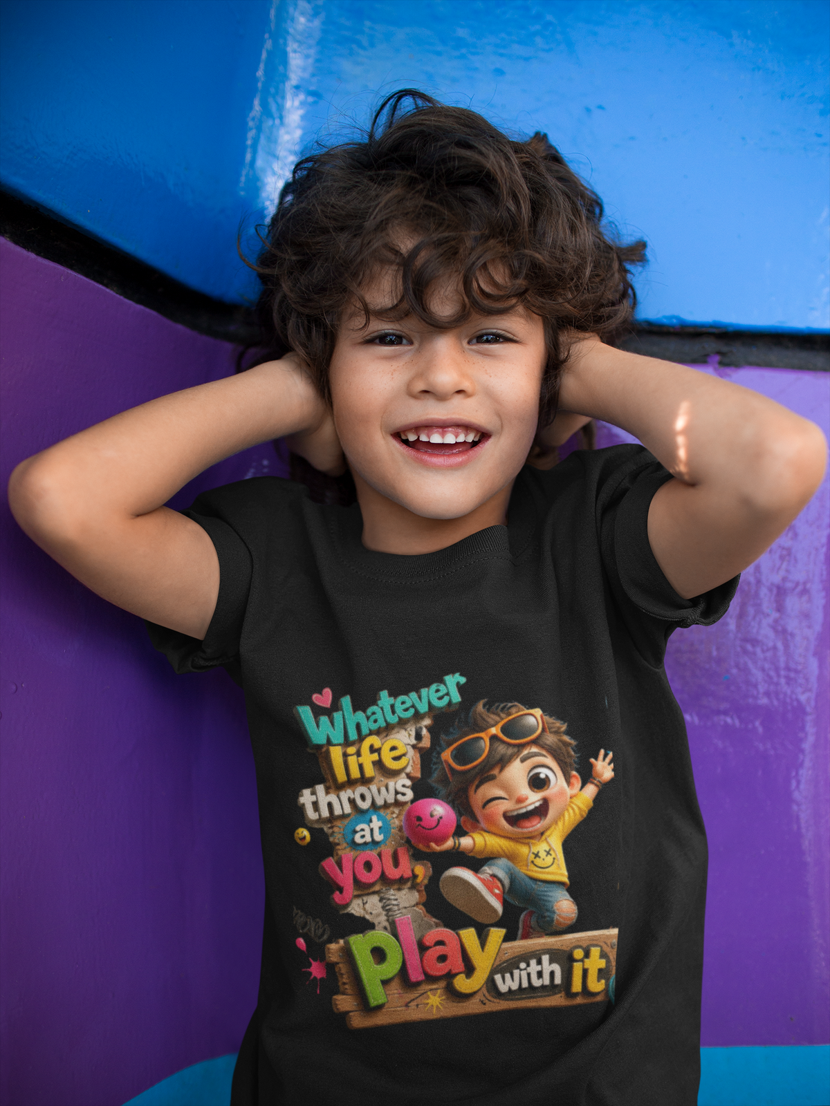 Play With It Tee Red - kid covering ears mockup