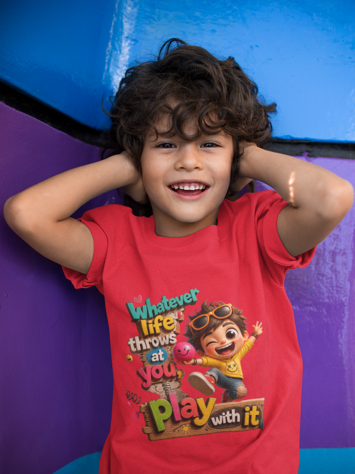 Play With It Tee Blue - kid covering ears mockup
