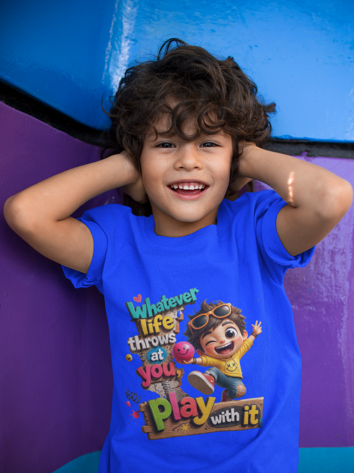 Play With It Tee Green - kid covering ears mockup