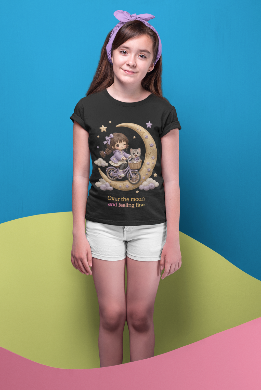 Over The Moon Tee - kid wearing tee with kerchief between cardboard waves